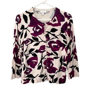 Charter Club Cardigan Sweater Petite M Purple Cream Floral Botanical Button Up